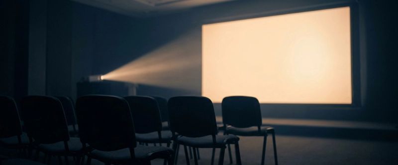 A darkened presentation room lit by a wide projection wall