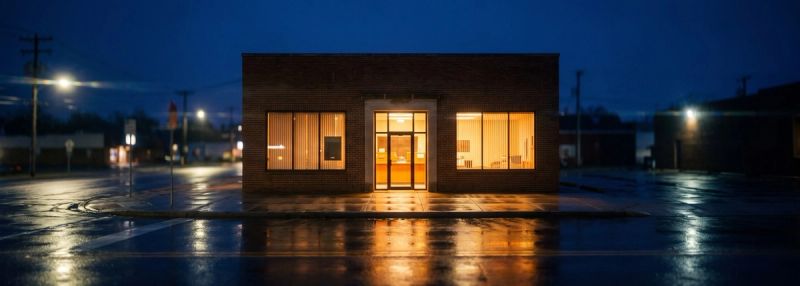 A neighbourhood bank branch lit at night on a wet street