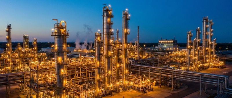 A petrochemical refinery lit at blue hour
