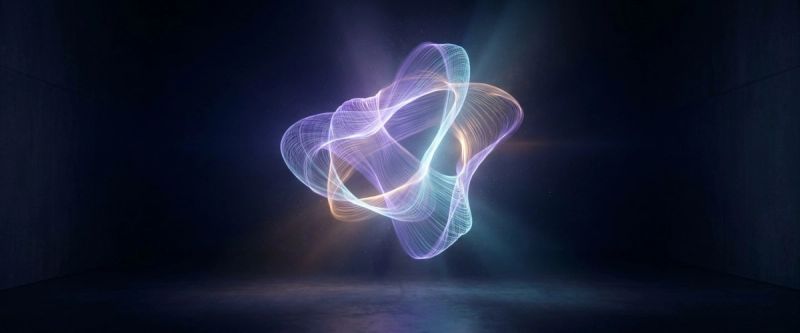 A glowing sculptural form of flowing light filaments