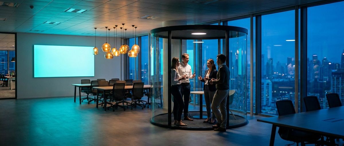 A team collaborating in a modern enterprise office at dusk