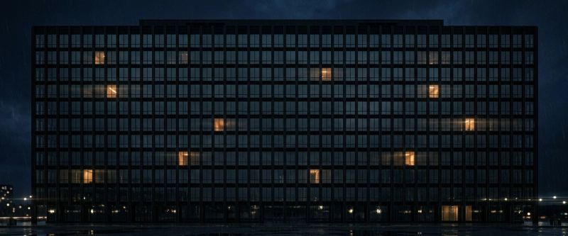 A grid of office windows at night with a scattered few lit