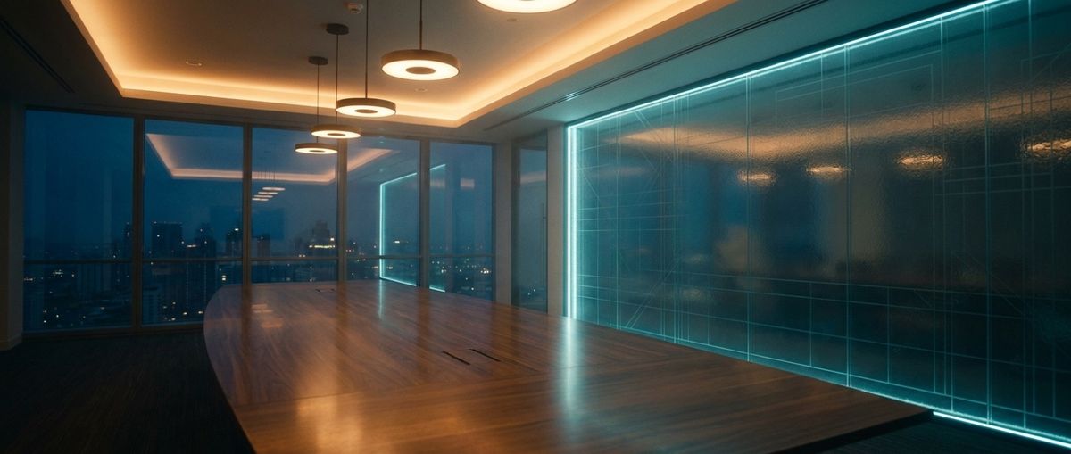 A modern corporate boardroom at dusk, city skyline beyond the windows