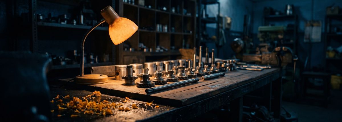 Precision machined components on a workshop bench under task lighting