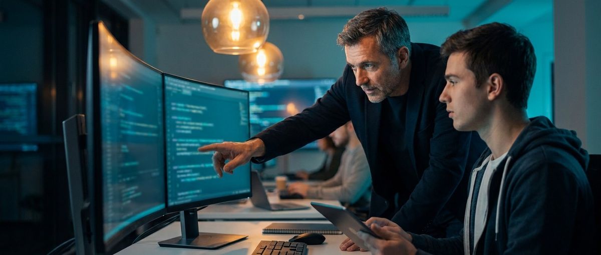 A mentor guiding a junior engineer at a workstation