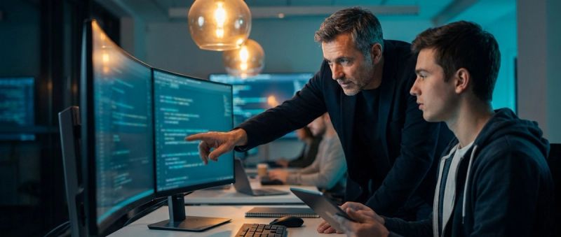 A mentor guiding a junior engineer at a workstation