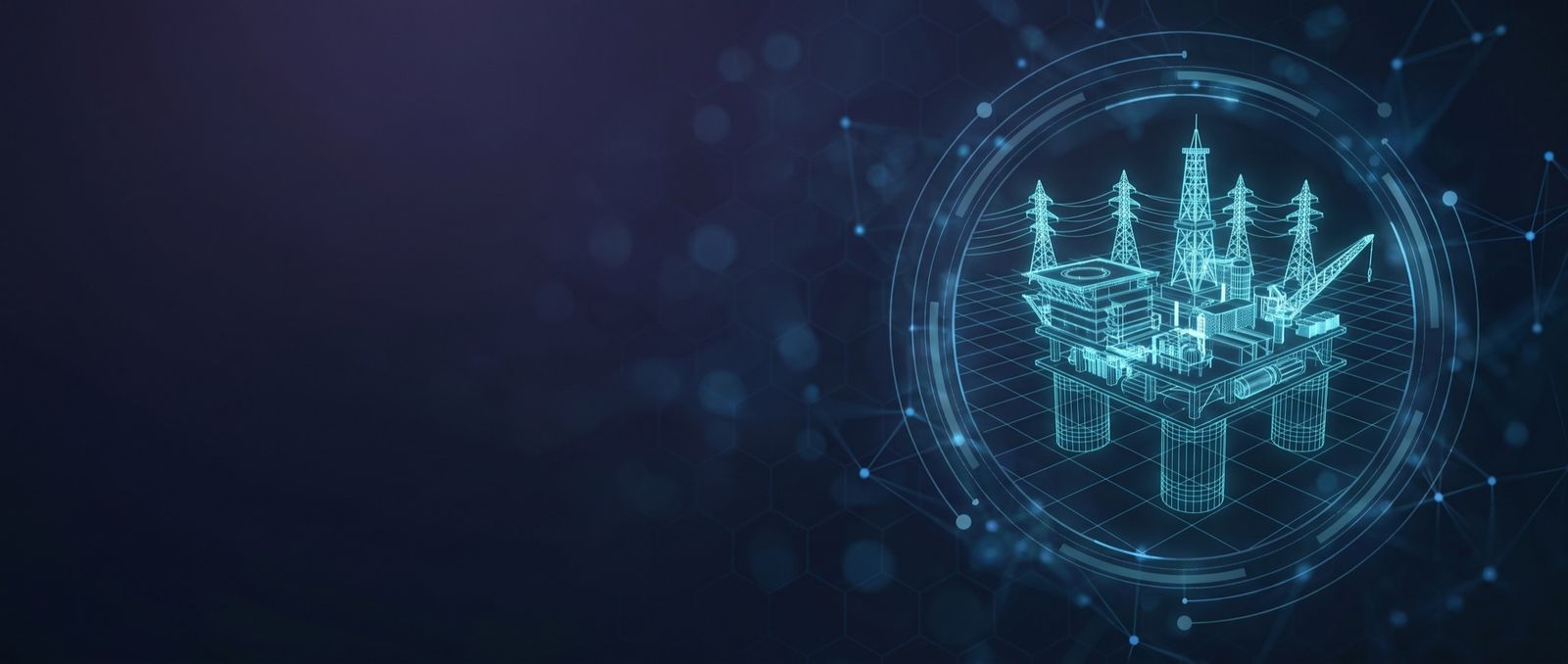 Cyan wireframe hologram of an offshore oil-and-gas platform with power pylons inside a tech interface ring - Inspira energy sector OT/ICS security and IT/OT convergence