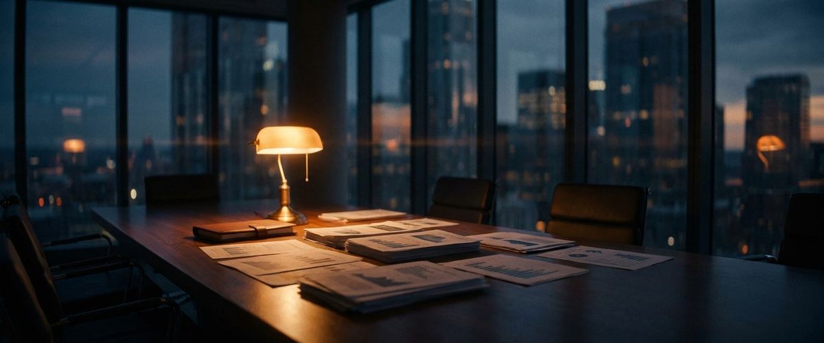 A boardroom table with research charts under a warm desk lamp
