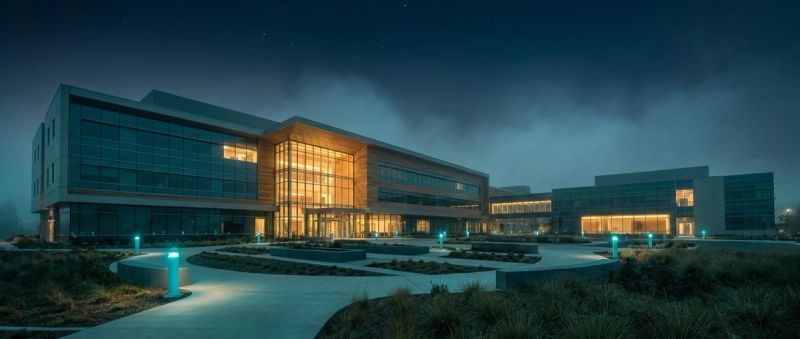 A modern American hospital campus at dusk, warm light spilling from its atrium windows