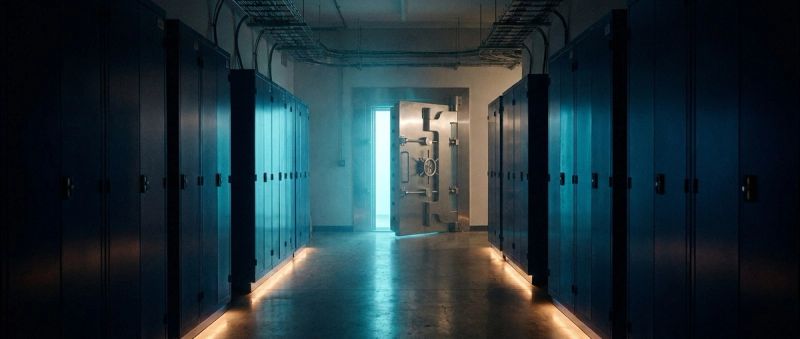 A secure data vault corridor with the vault door ajar