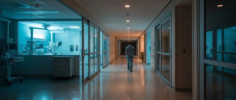 A modern hospital corridor at night
