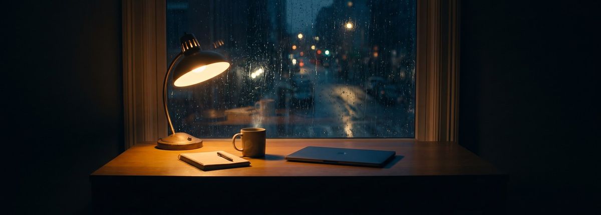 A home desk by a window on a rainy night