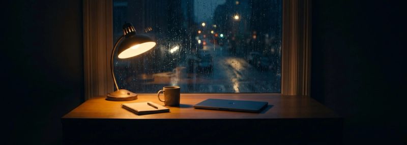 A home desk by a window on a rainy night