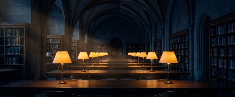 A historic university library reading room lit at night