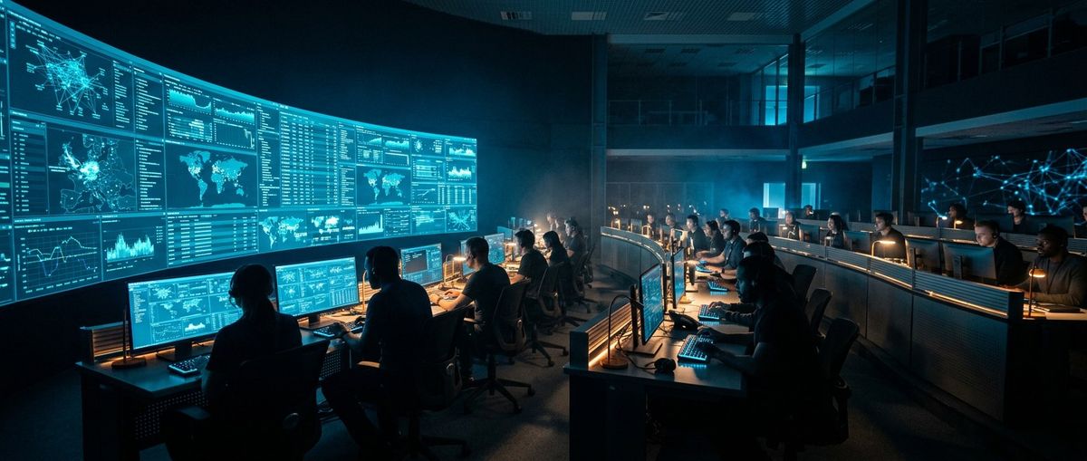 Analysts at work in a modern security operations centre at night