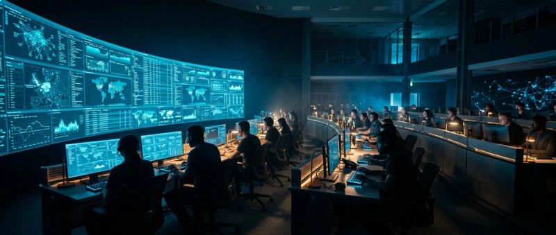 Analysts at work in a modern security operations centre at night