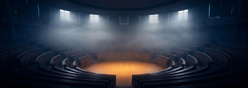 A darkened lecture theatre with tiers of empty seats