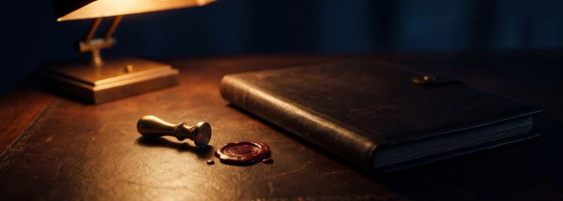 A brass wax seal and folio on a dark desk under a lamp