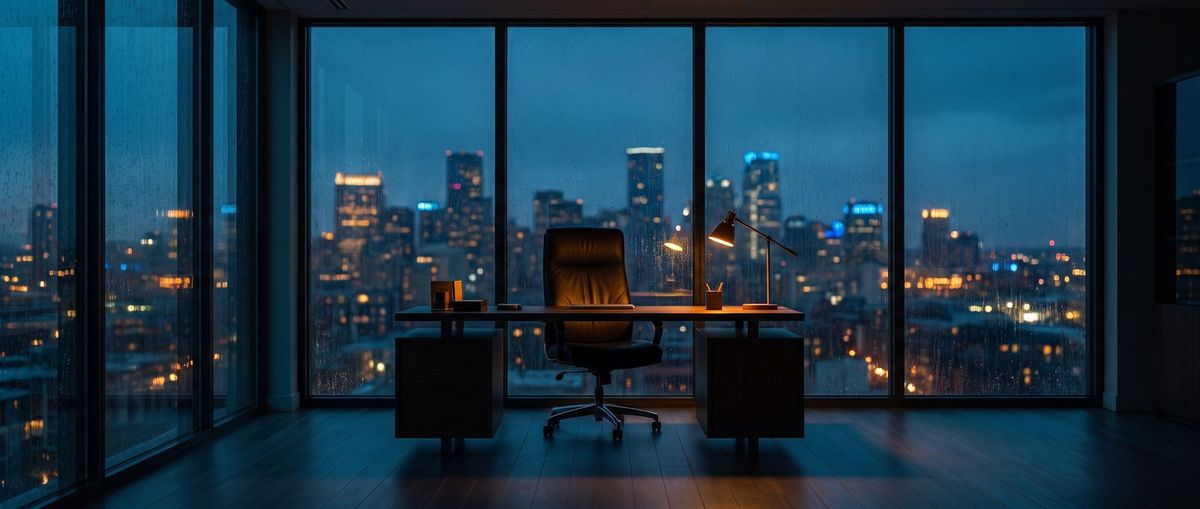 An executive boardroom overlooking a city skyline at dusk