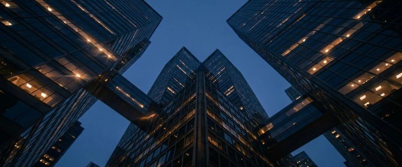 Glass financial-district towers seen from below at dusk