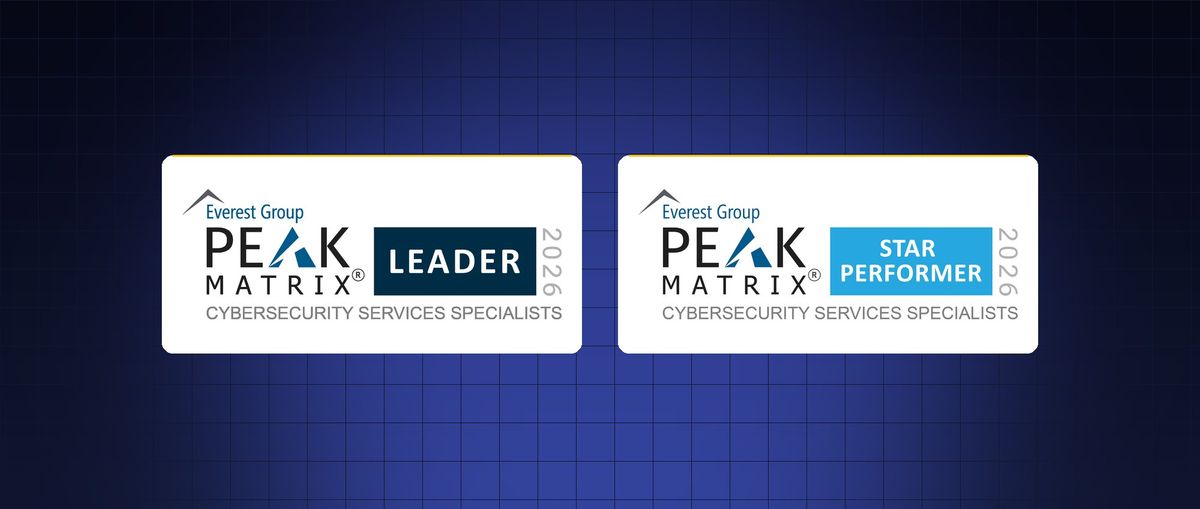 Everest Group PEAK Matrix® 2026 Leader and Star Performer badges for Cybersecurity Services Specialists
