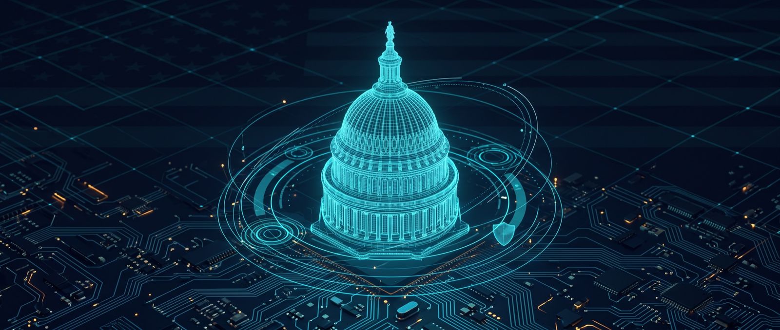 Cyan wireframe hologram of the US Capitol dome above a circuit-board landscape with an orbital interface ring and shield - Inspira US public sector security
