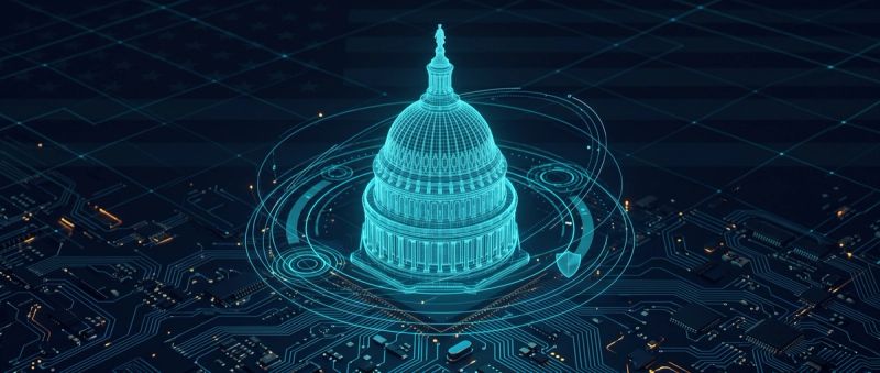 Cyan wireframe hologram of the US Capitol dome above a circuit-board landscape with an orbital interface ring and shield - Inspira US public sector security