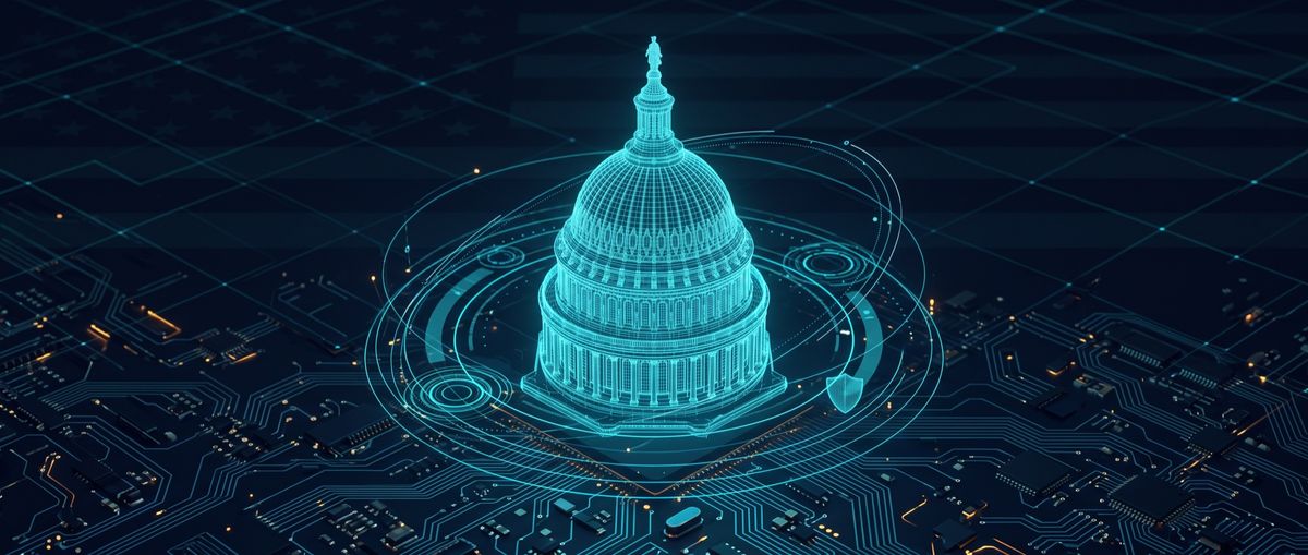 Cyan wireframe hologram of the US Capitol dome above a circuit-board landscape with an orbital interface ring and shield - Inspira US public sector security