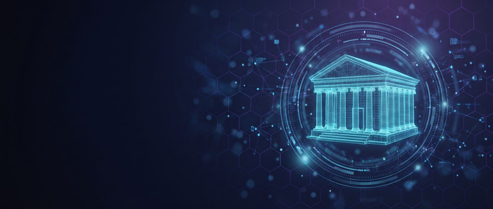 Cyan wireframe hologram of a classical bank building inside a circular tech interface on a dark navy grid - Inspira BFSI cybersecurity, fraud defense, and compliance