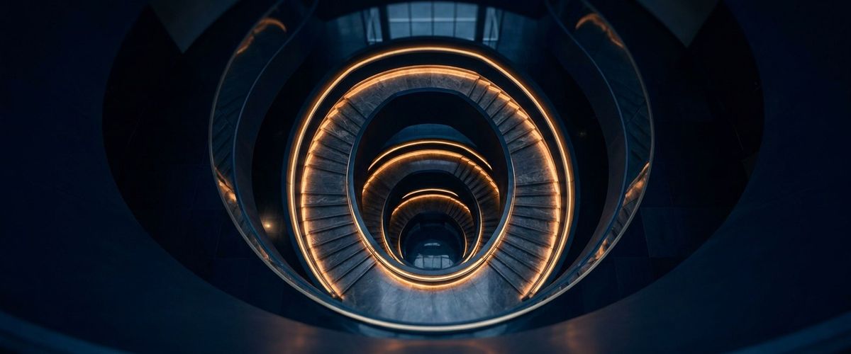 A spiral staircase in a dark corporate atrium seen from above