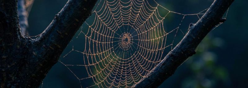 A dew-covered spider web at dawn catching the light