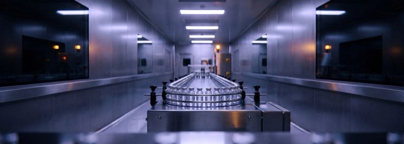 A stainless-steel pharmaceutical clean-room corridor at night