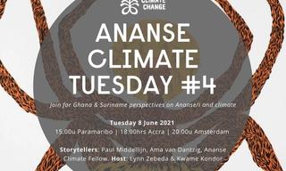 Art work of a lady spider with announcement over it: Ananse Climate Tuesday
