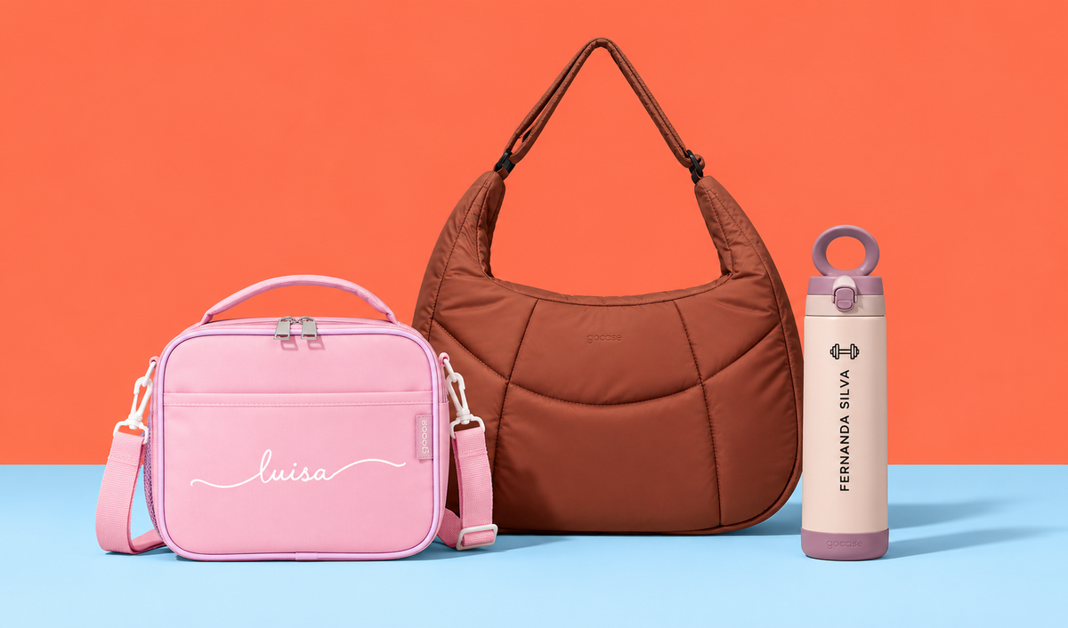 uma bolsa térmica play, uma tote moon puffer e uma magsafe