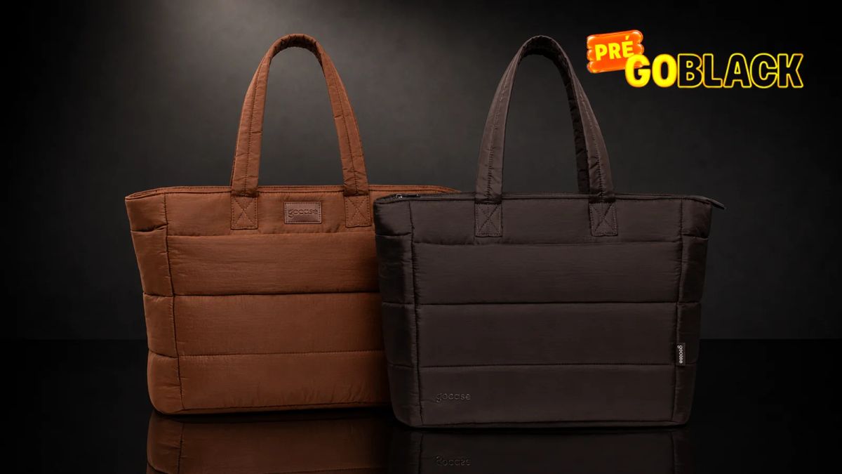 Totes Puffer caramelo e marrom em fundo preto, Pré GoBlack