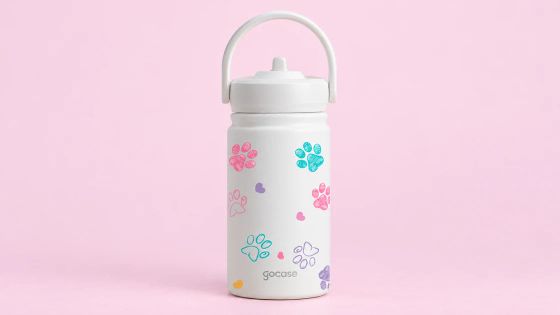 Garrafa Mini branca com estampa de patinhas coloridas
