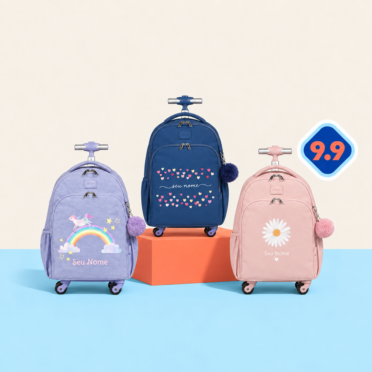 Mochilas de Carrinho 4 Rodas Fun preta e rosé em cenário coral