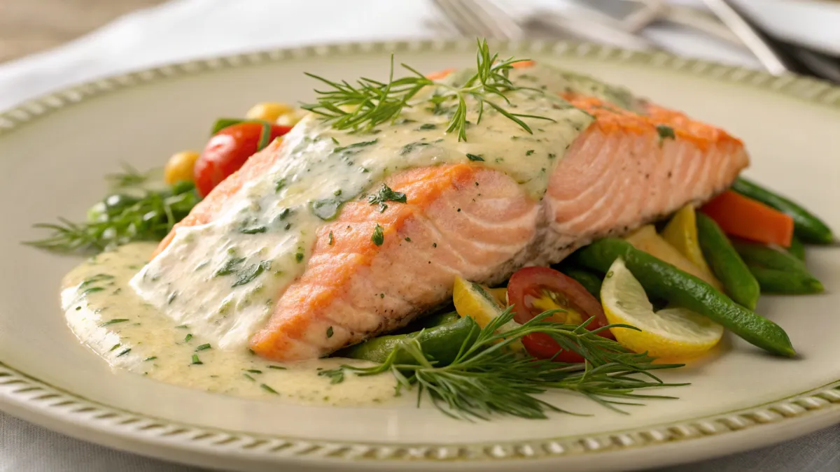 Gestoomde zalm met Belgische mosterd-dille saus