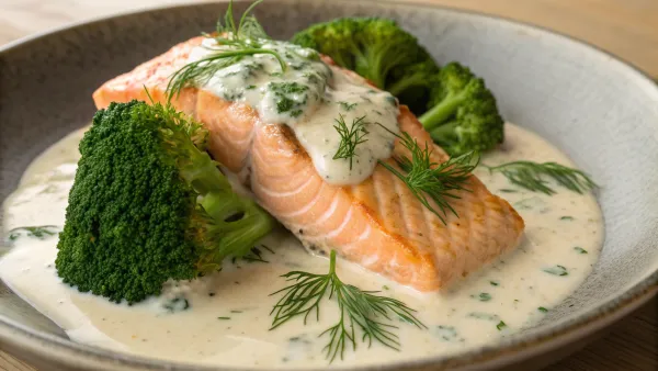 Blancherende broccoli met Noorse zalm en romige dille-saus