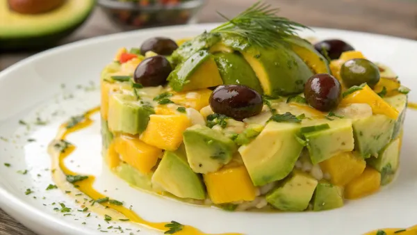 Venezolaanse rauwe olijven salade met avocado en mango
