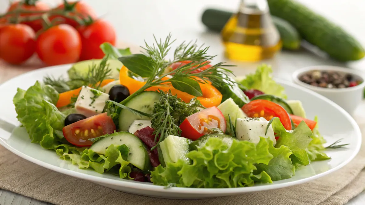 Franse salade met verse kruiden en rauwe groenten
