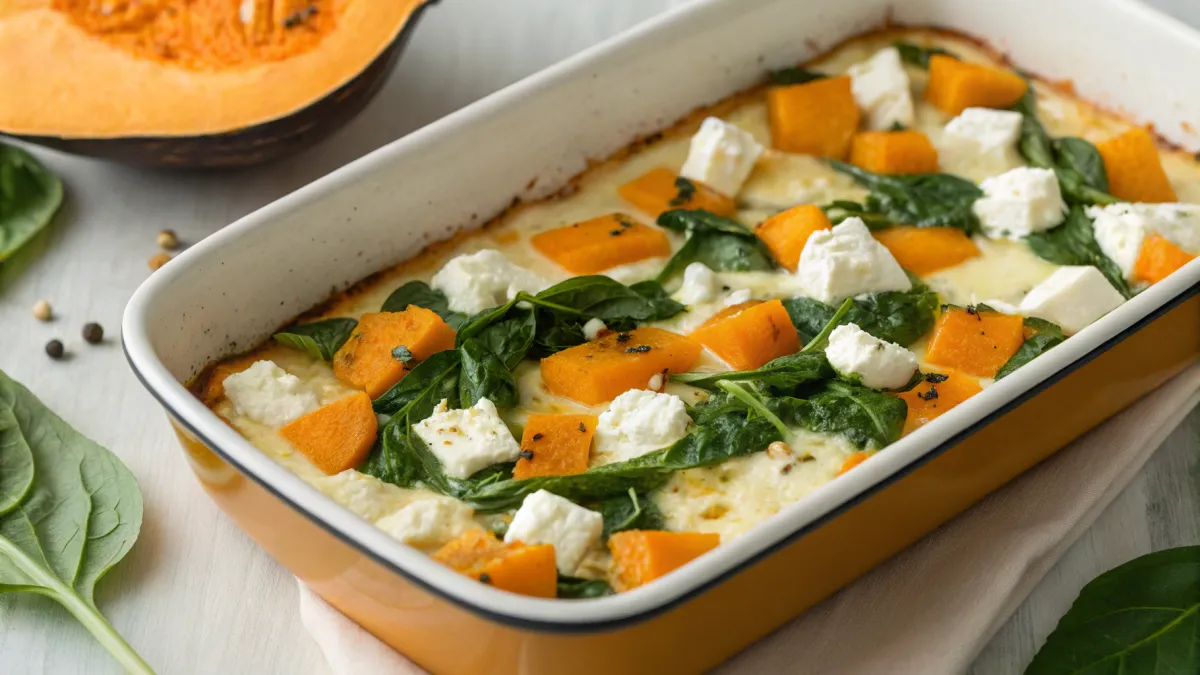 Oekraïense feta ovenschotel met pompoen en spinazie