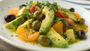 Rauwe olijven- en avocado-salade met citrusdressing