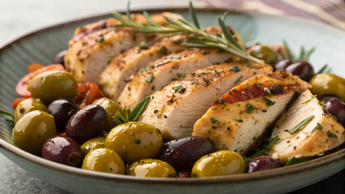 Gemarineerde olijven met gegrilde kip