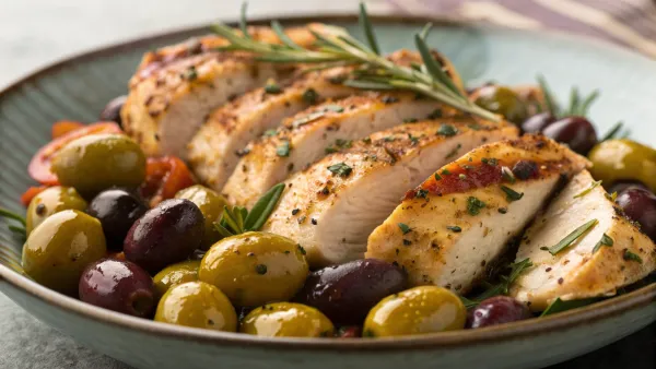 Gemarineerde olijven met gegrilde kip