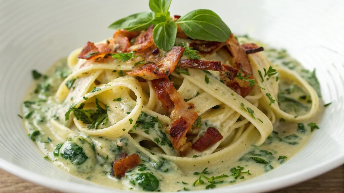 Pasta met Romige Spinaziesaus en Knapperige Spekjes