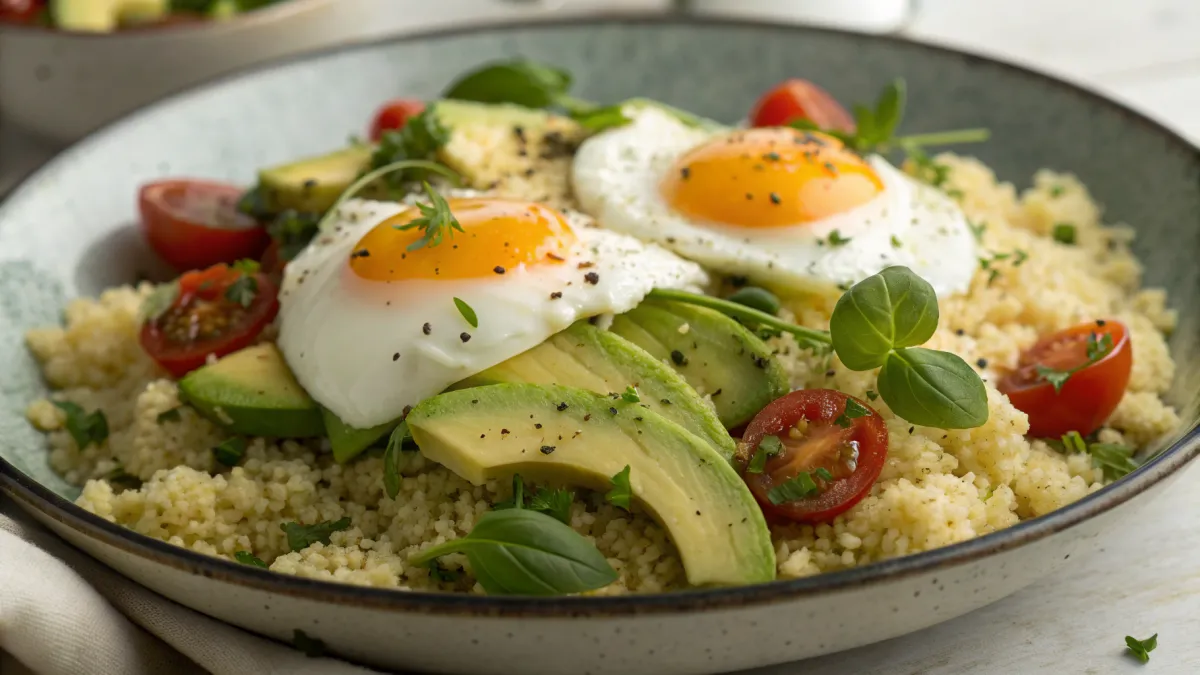 Couscous met gebakken eieren en avocado
