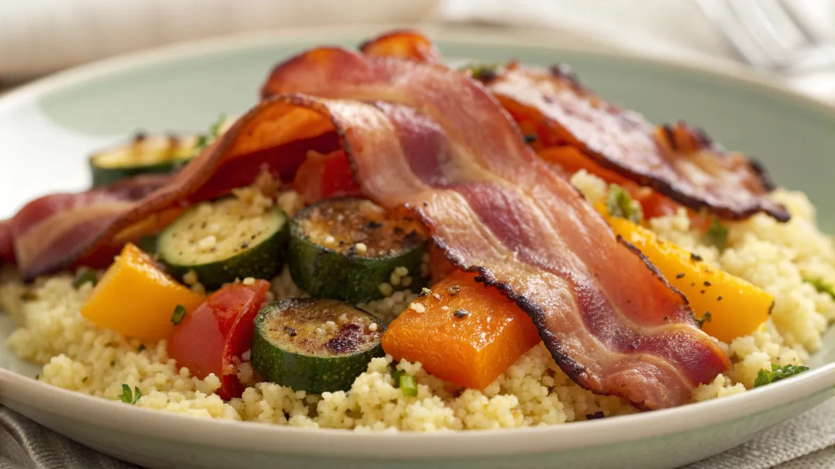 Bacon met gekruide couscous en geroosterde groenten