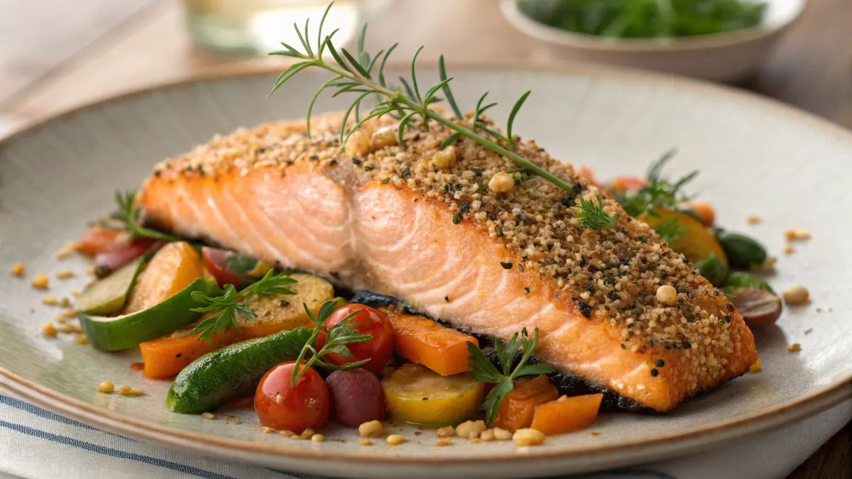 Geroosterde zalm met sesamkorst en wintergroenten