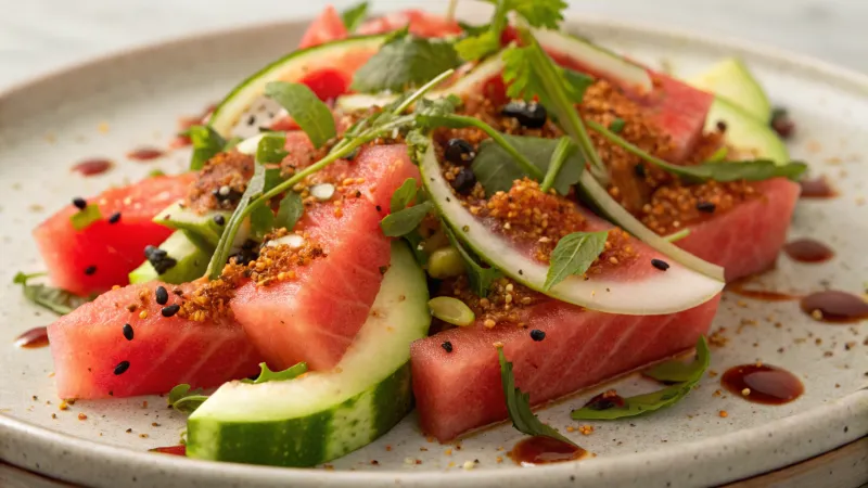 Rauwe watermeloensalade met pittige dressing